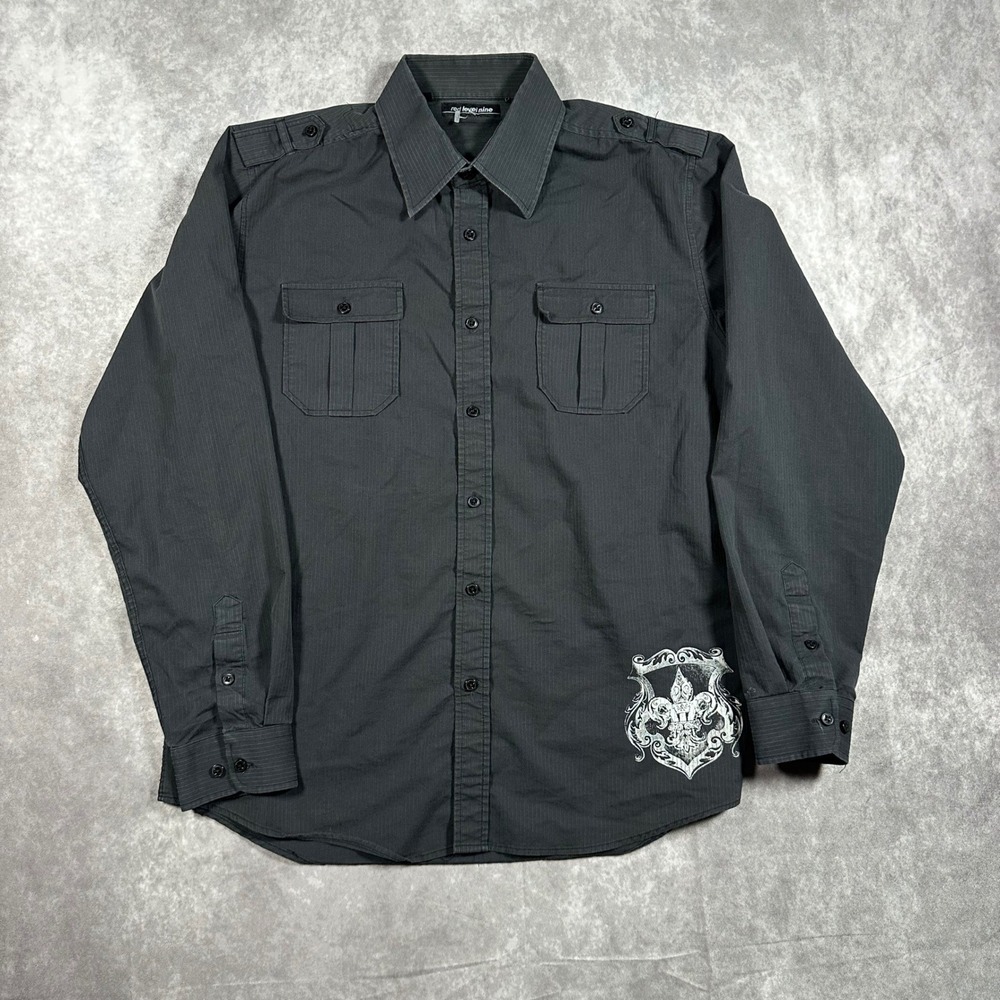 Red Level Nine Mens L Black Button Down Shirt Graphic Crest Epaulets Y2K Gothic